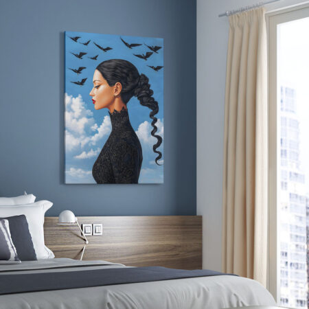 Πινακας σε καμβά BLACK HAIRED WOMAN WITH BIRDS RETRO DREAMSCAPE - 30cm x 40cm