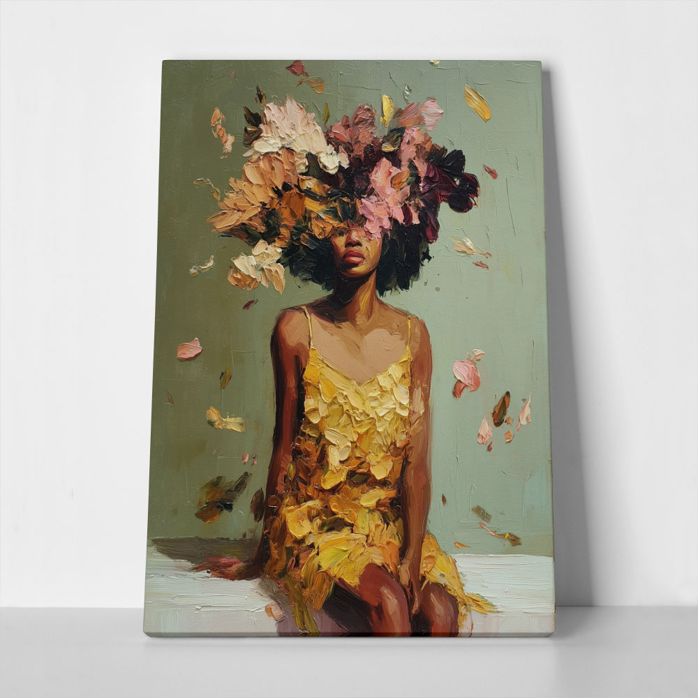 Πίνακας σε Καμβά AFROCENTRIC WOMAN FLOWERS BRUSH STROKES GREEN