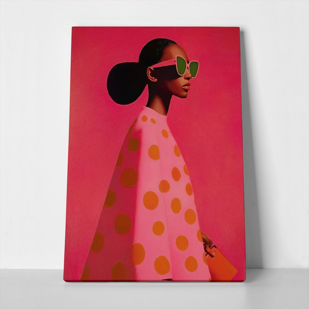 Πίνακας σε Καμβά AFROCENTRIC WOMAN IN PINK DOTTED DRESS
