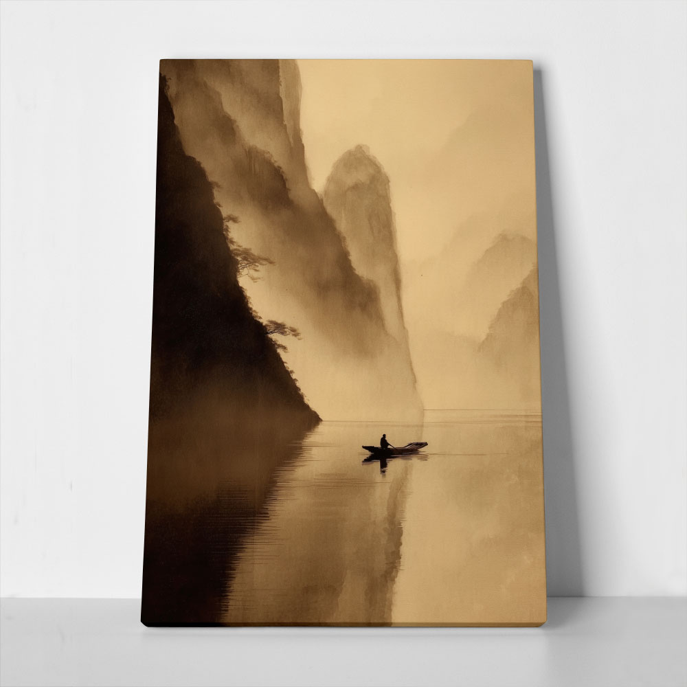 Πίνακας σε Καμβά BOAT IN MISTY MOUNTAIN LAKE