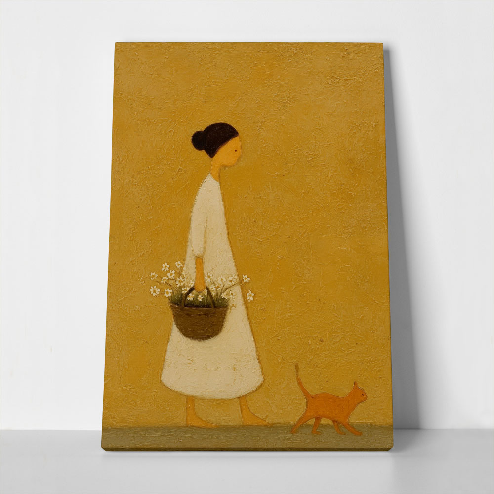 Πίνακας σε Καμβά WOMAN WITH FLOWER BASKET AND CAT