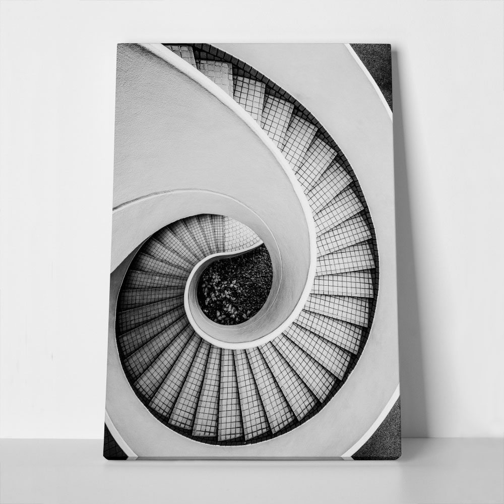 Πίνακας σε Καμβά BLACK AND WHITE ARCHITECTURAL SPIRAL STAIRCASE