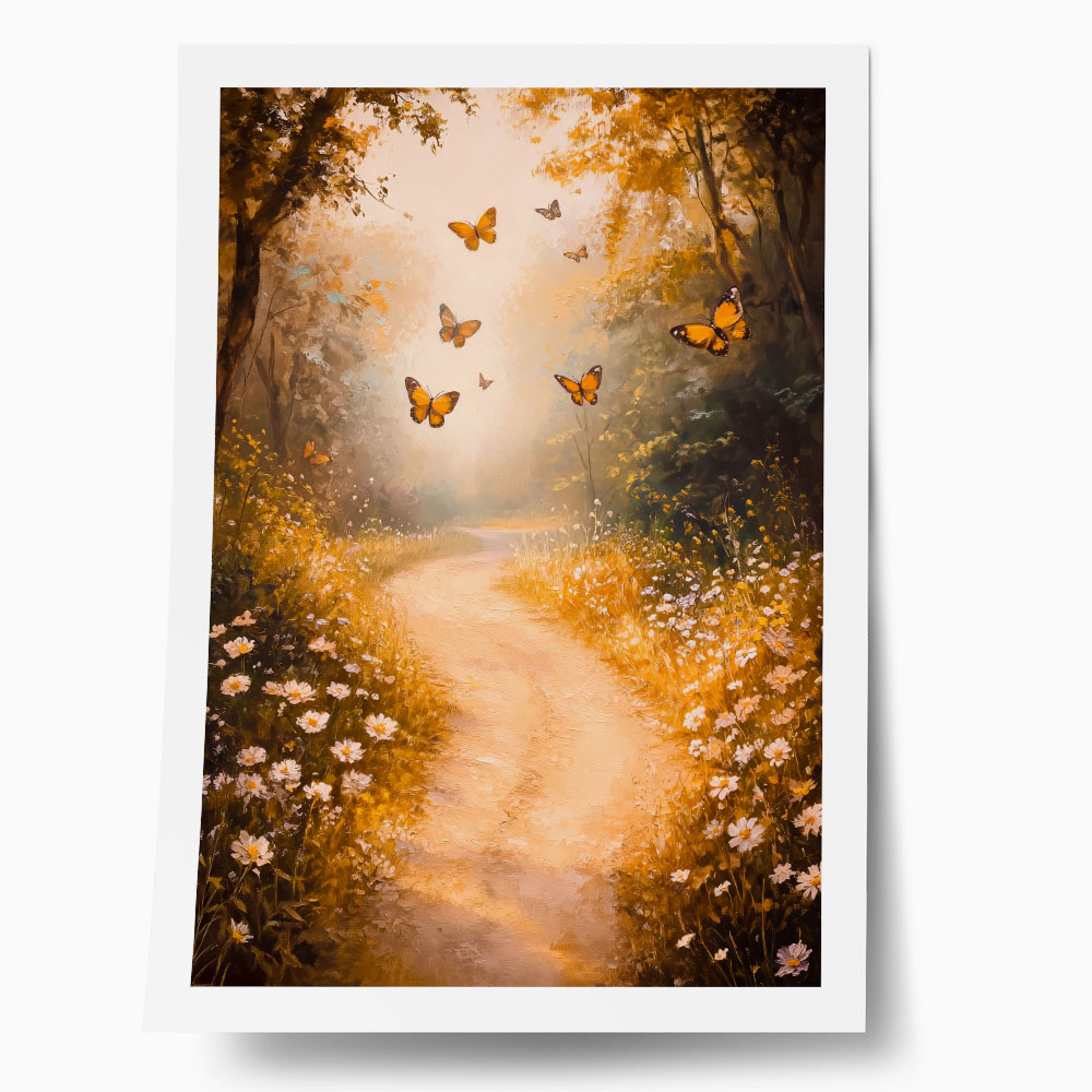Poster VINTAGE PASTEL BUTTERFLIES FOREST PATH